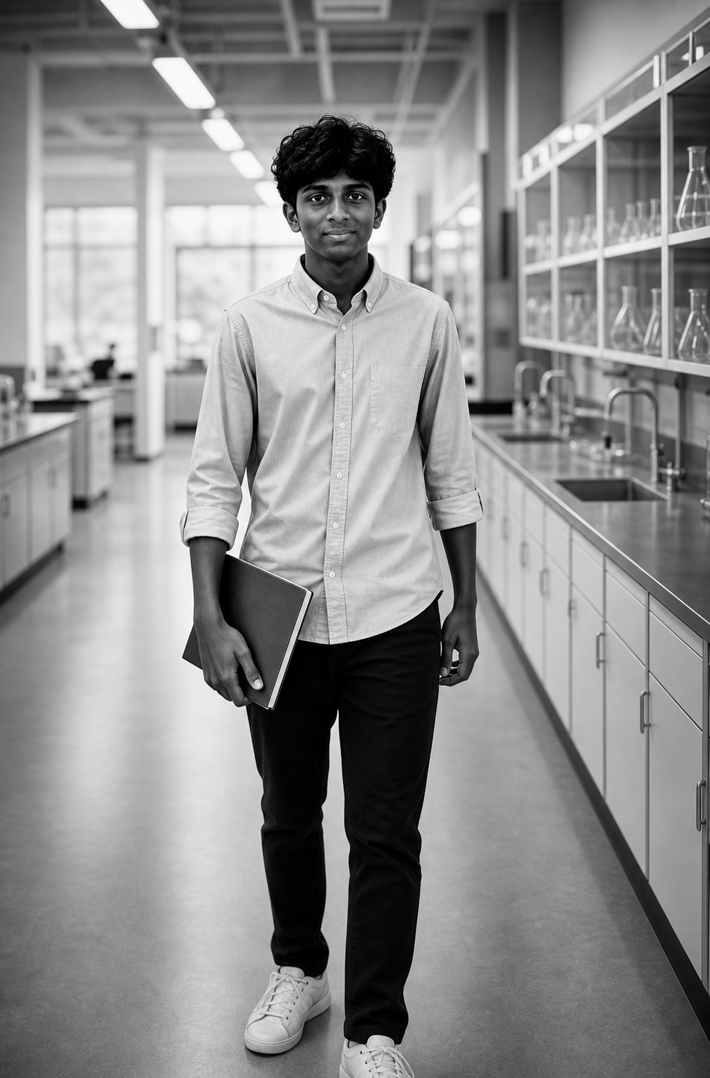 Black-and-white leadership-style portrait of Daya Degala in a science lab setting